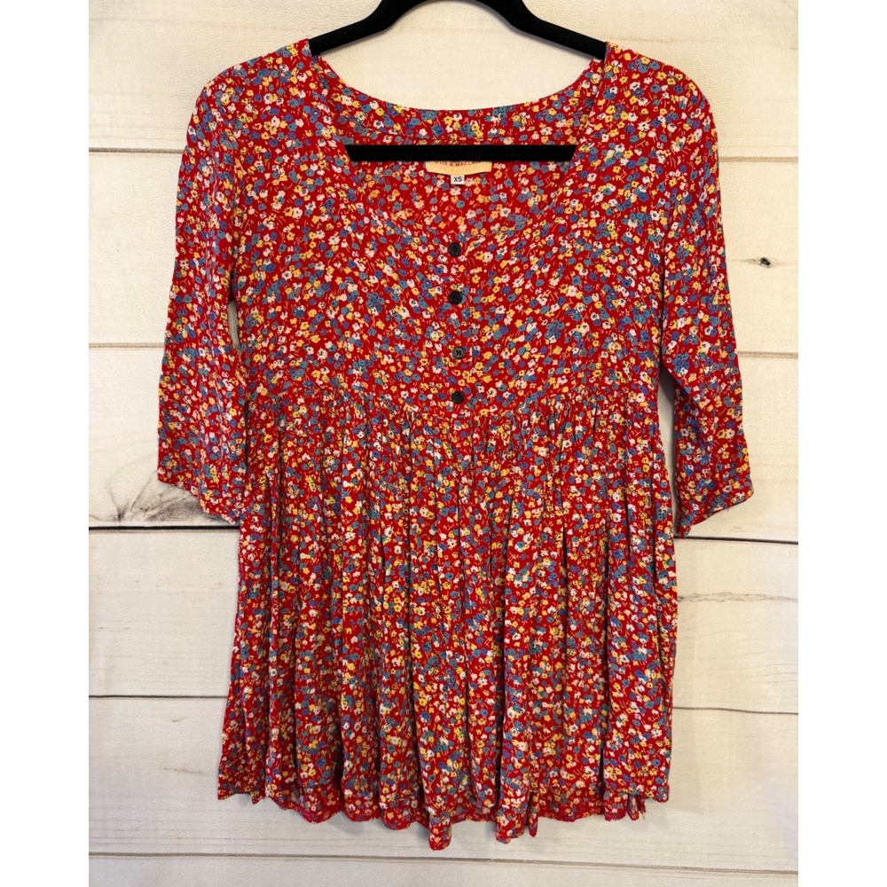 Otis‎ Maclain Red Floral Print Babydoll Dress XS 3/4 Sleeve Gathered Waist